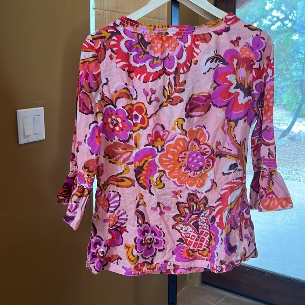 Tory Burch Pink Floral Tassel Tie Boho Blouse Top Size 4 Silk Cotton Blend - Picture 15 of 15